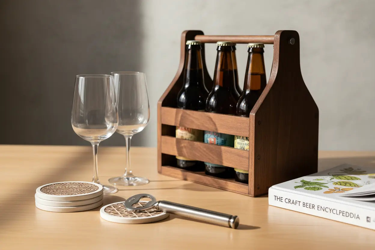 Dunkler Holzbierträger mit drei bernsteinfarbenen Flaschen