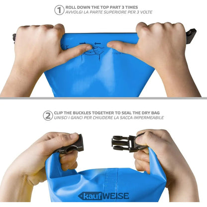 Anleitung zum Verschließen der blauen Celly Explorer Dry Bag 2L outdoor Tasche