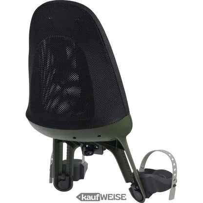 Schwarzer Mesh- und olivgrüner Kindersitz für Fahrrad mit Fußstützen, zertifiziert