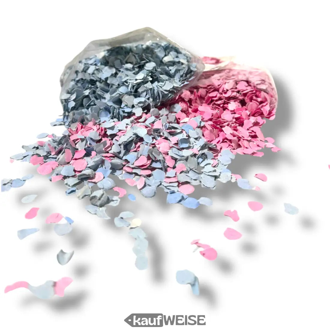 Pink und blaue Konfetti in Plastikbeuteln für Party und Hochzeit