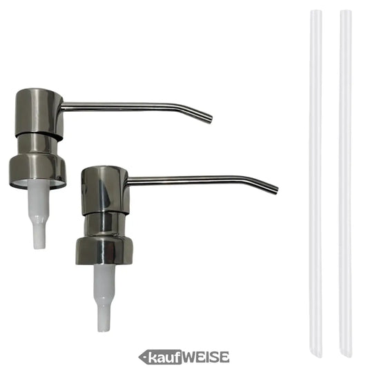 Zwei Edelstahl Seifenspender mit Kunststoffschläuchen in modernem Pumpen Set